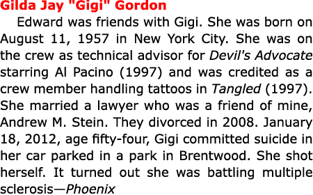 Gilda Jay \“Gigi\" Gordon Edward was friends with Gigi. She was born on August 11, 1957 in ﻿New York City. She was on...