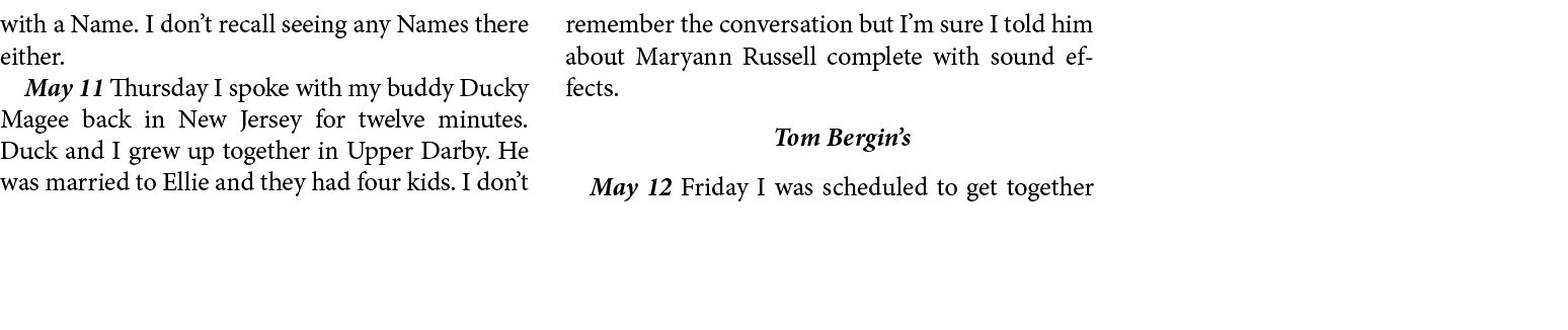 with a Name. I don’t recall seeing any Names there either. May 11 Thursday I spoke with my buddy ﻿﻿Ducky Magee back i...