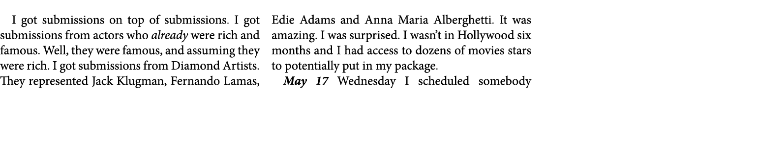 I got submissions on top of submissions. I got submissions from actors who already were rich and famous. Well, they w...
