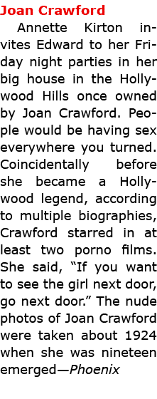 Joan Crawford ﻿Annette Kirton invites Edward to her Friday night parties in her big house in the Hollywood Hills onc...