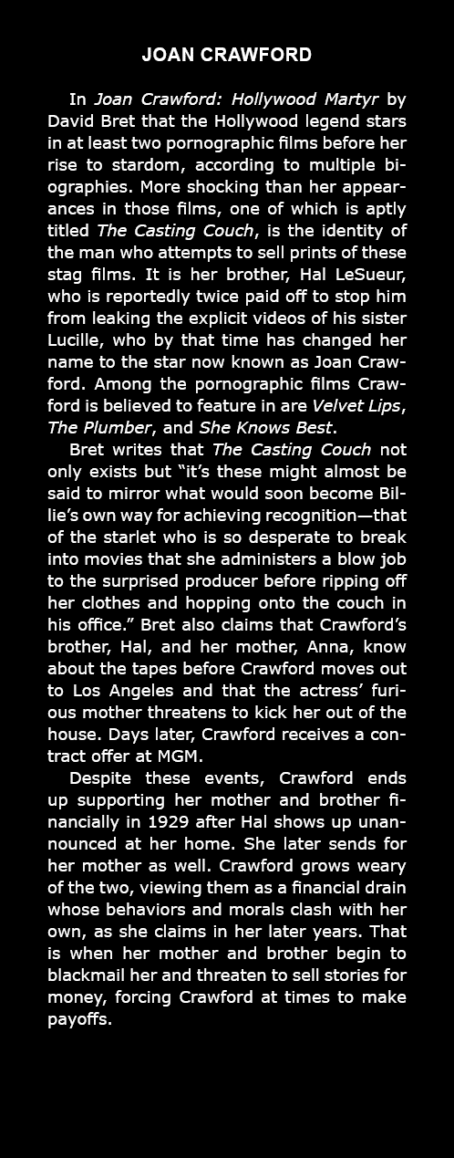 Joan Crawford In ﻿Joan Crawford: Hollywood Martyr by ﻿David Bret that the Hollywood legend stars in at least two por...