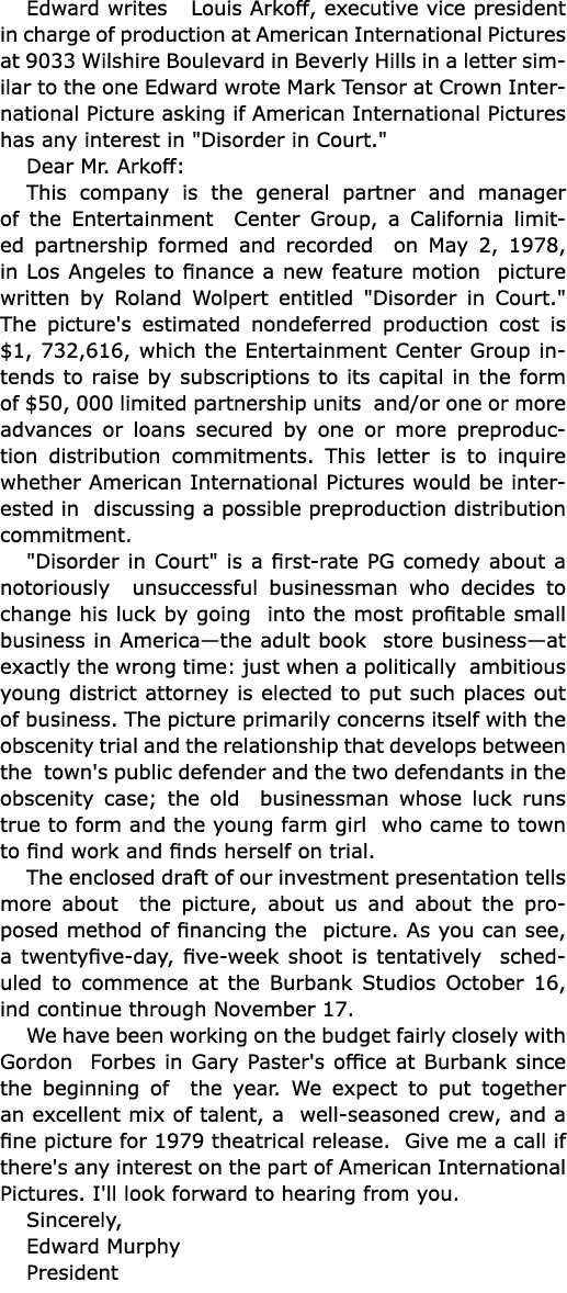 Edward writes ﻿ ﻿Louis Arkoff, executive vice president in charge of production at ﻿﻿﻿American International Pictures...