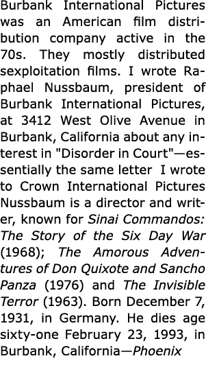Burbank International Pictures was an American film distribution company active in the 70s. They mostly distributed s...