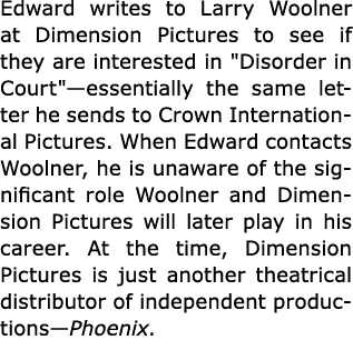 Edward writes to ﻿Larry Woolner at Dimension Pictures to see if they are interested in \“Disorder in Court\"—essentia...
