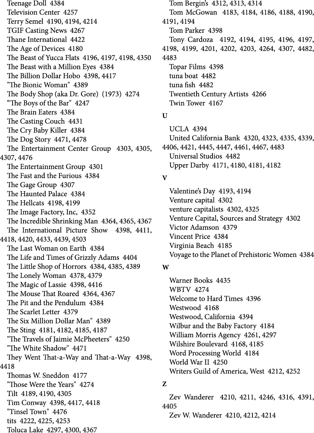 Teenage Doll 4384 Television Center 4257 Terry Semel 4190, 4194, 4214 TGIF Casting News 4267 Thane International 4422...