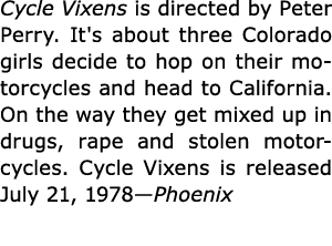 Cycle Vixens is directed by Peter Perry. It's about three Colorado girls decide to hop on their motorcycles and head ...