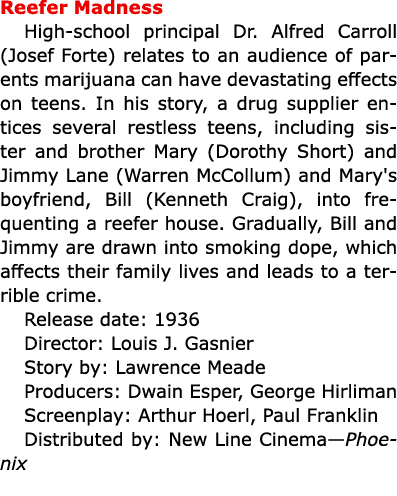 Reefer Madness High school principal Dr. Alfred Carroll (Josef Forte) relates to an audience of parents marijuana can...