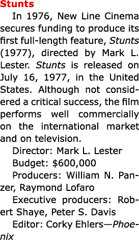 Stunts In 1976, ﻿﻿New Line Cinema secures funding to produce its first full length feature, ﻿Stunts (1977), directed ...