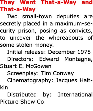 They Went That a Way and That a Way Two small town deputies are secretly placed in a maximum security prison, posing...