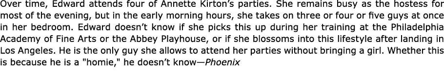 Over time, Edward attends four of Annette Kirton’s parties. She remains busy as the hostess for most of the evening, ...