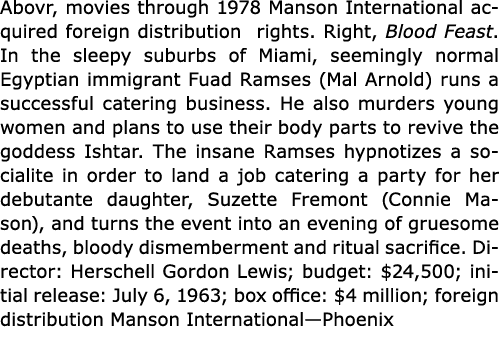 Abovr, movies through 1978 Manson International acquired foreign distribution rights. Right, Blood Feast. In the slee...