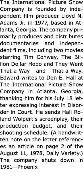 The International Picture Show Company is founded by independent film producer Lloyd N. Adams Jr. in 1977, based in ...