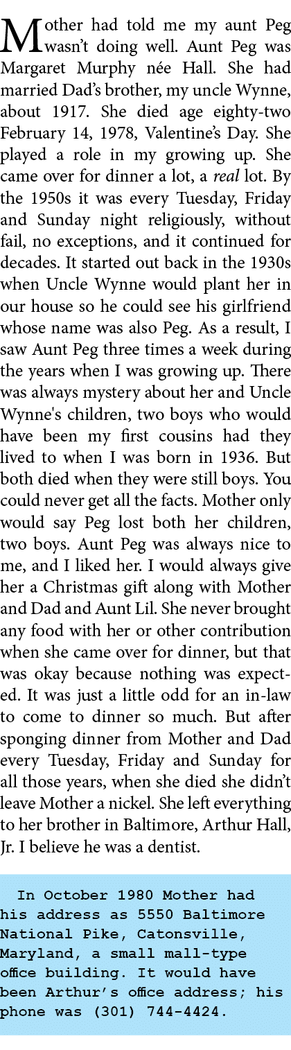 Mother had told me my aunt Peg wasn’t doing well. ﻿Aunt Peg was Margaret Murphy n e Hall. She had married Dad’s broth...