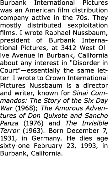 Burbank International Pictures was an American film distribution company active in the 70s. They mostly distributed s...