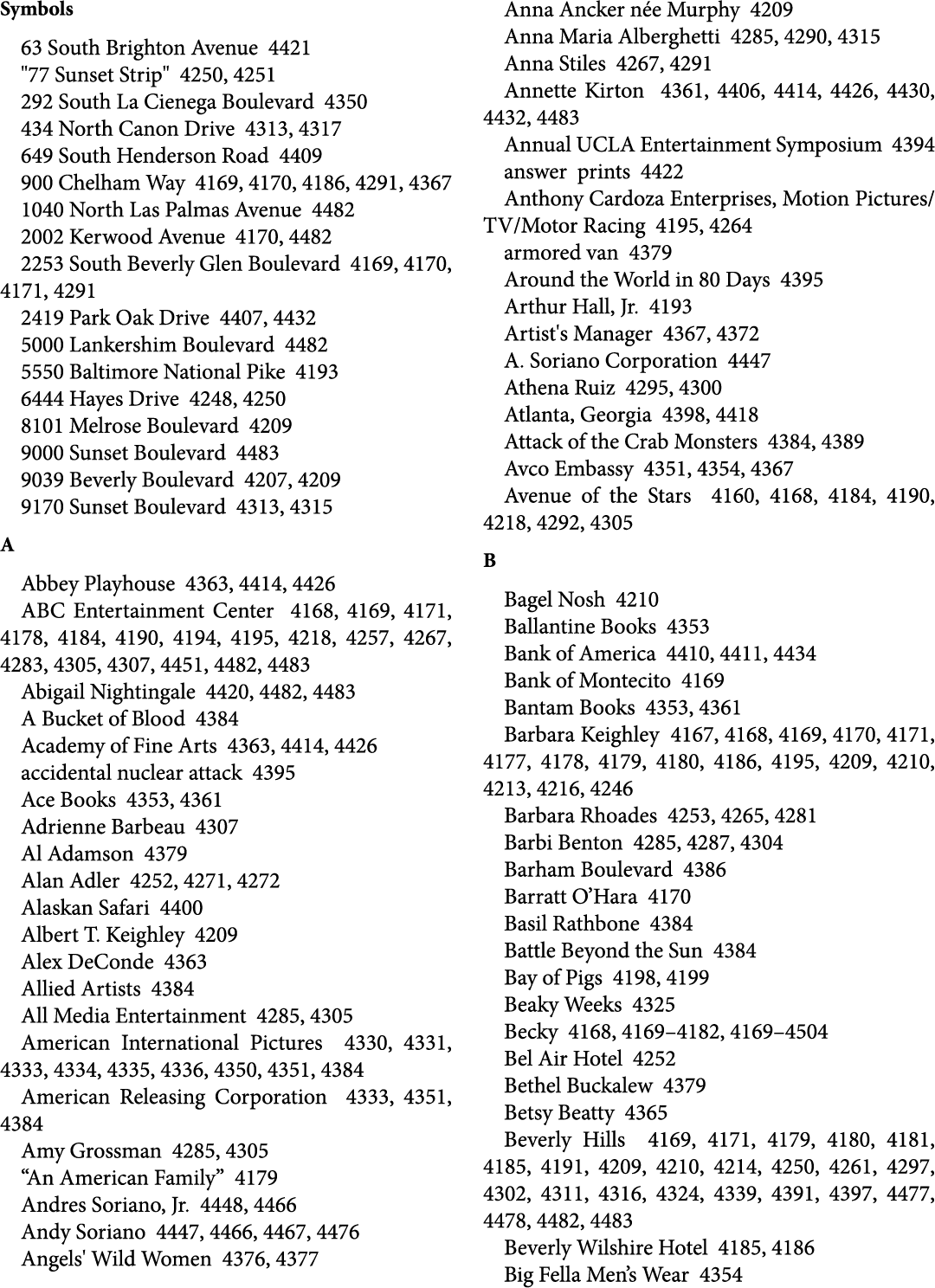 Symbols 63 South Brighton Avenue 4421 \“77 Sunset Strip\" 4250, 4251 292 South La Cienega Boulevard 4350 434 North Ca...