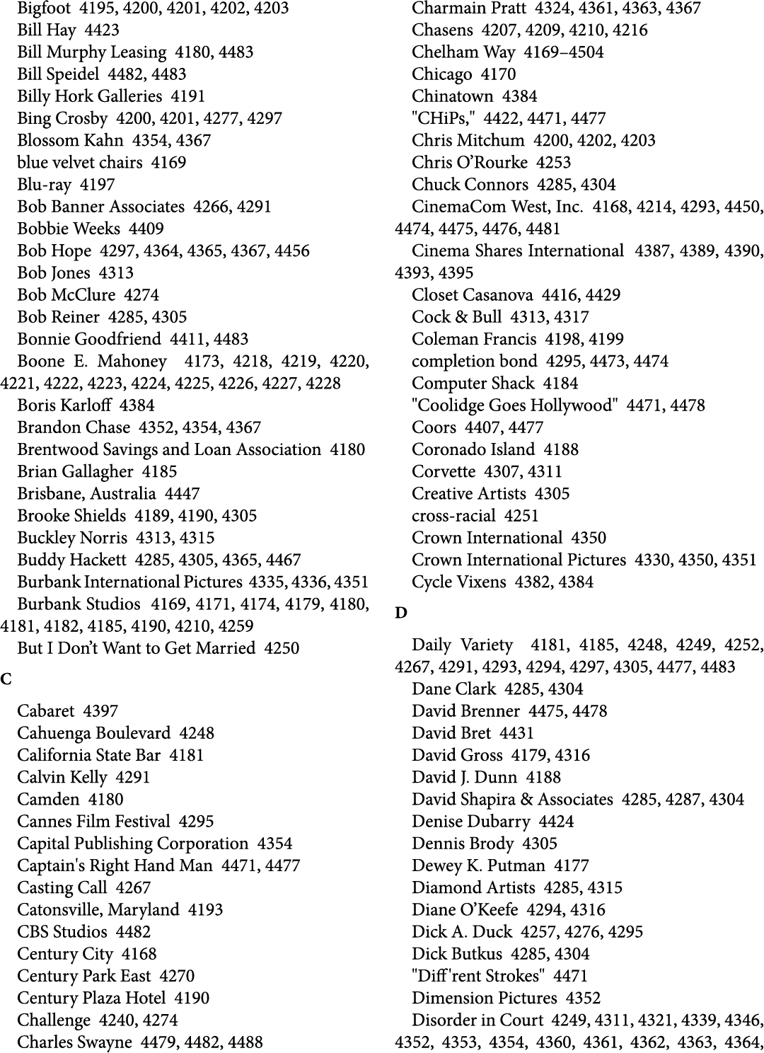 Bigfoot 4195, 4200, 4201, 4202, 4203 Bill Hay 4423 Bill Murphy Leasing 4180, 4483 Bill Speidel 4482, 4483 Billy Hork ...