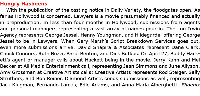 Hungry Hasbeens With the publication of the casting notice in Daily Variety, the floodgates open. As far as Hollywood...