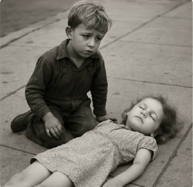 A young boy is kneeling over a girl who is lying on the ground. AI generated content