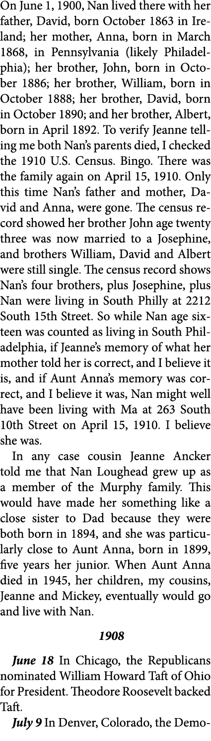 On June 1, 1900, Nan lived there with her father, David, born October 1863 in Ireland; her mother, Anna, born in Marc...