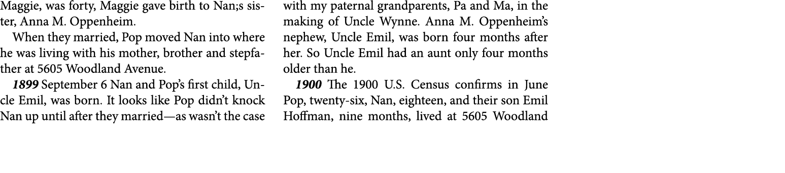 Maggie, was forty, Maggie gave birth to Nan;s sister, Anna M. Oppenheim. When they married, Pop moved Nan into where ...
