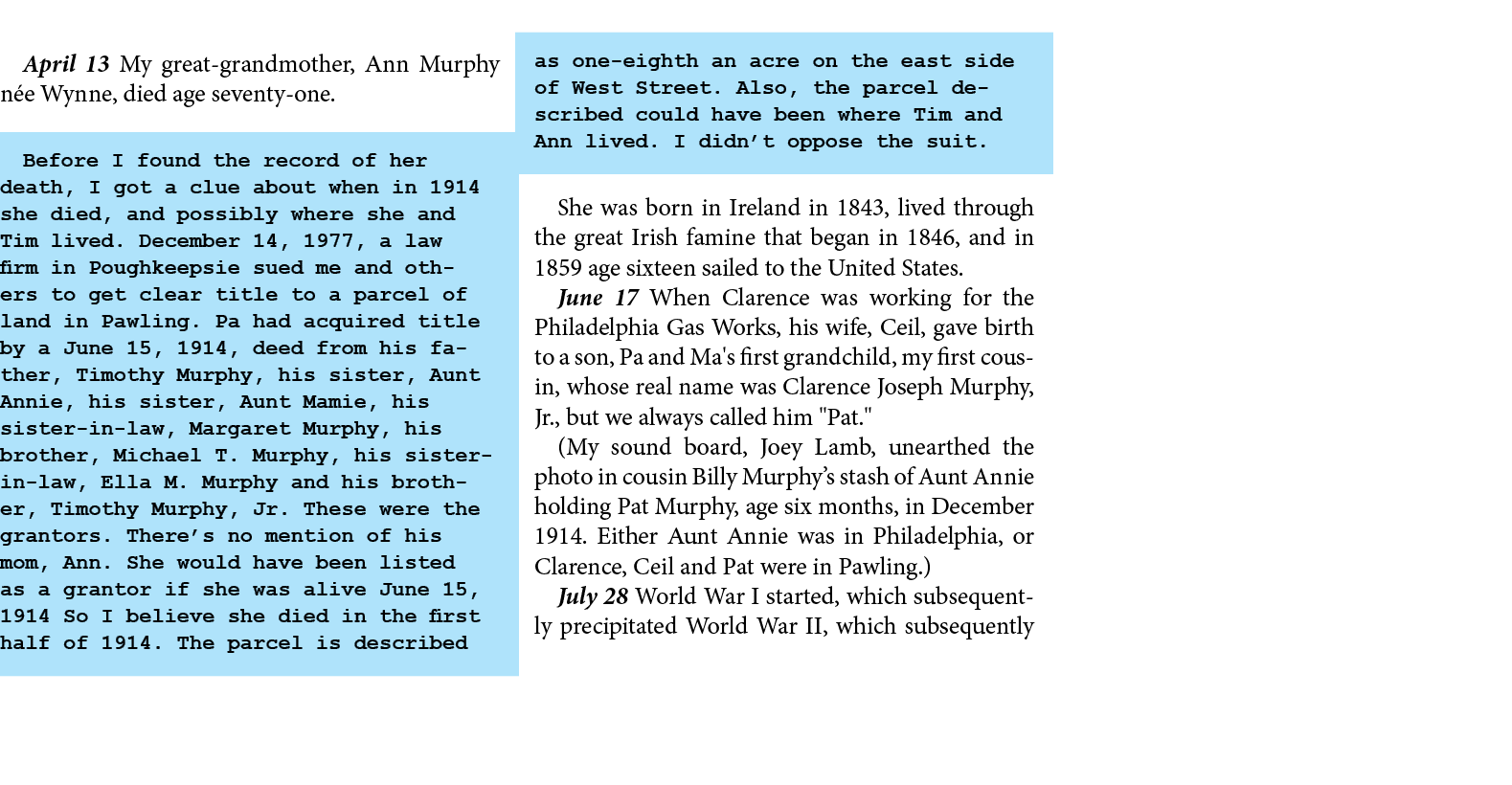 April 13 My great grandmother, Ann Murphy n e Wynne, died age seventy one. Before I found the record of her death, I ...