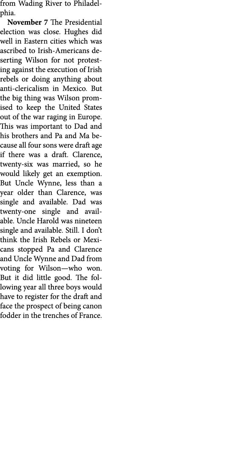from ﻿Wading River to Philadelphia. November 7￼ The Presidential election was close. Hughes did well in Eastern citie...
