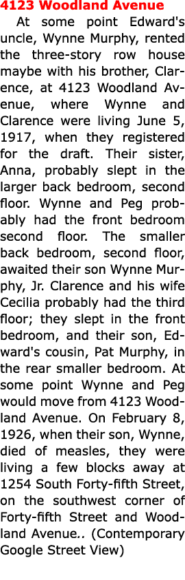 4123 ﻿Woodland Avenue At some point Edward's uncle, Wynne Murphy, rented the three story row house maybe with his bro...