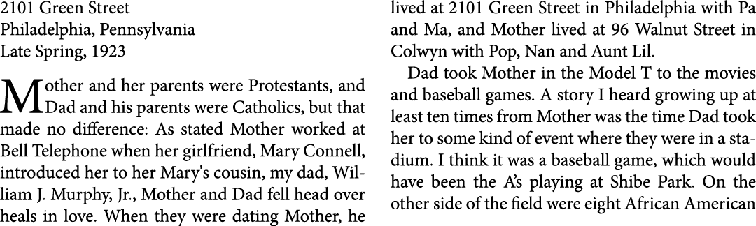 2101 Green Street Philadelphia, Pennsylvania Late Spring, 1923 Mother and her parents were Protestants, and Dad and ...