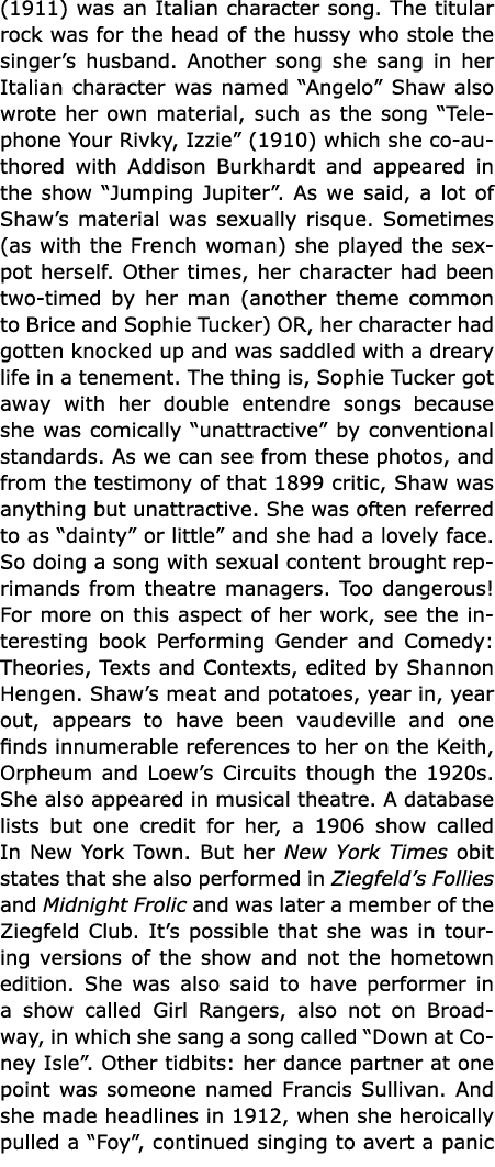 (1911) was an Italian character song. The titular rock was for the head of the hussy who stole the singer’s husband. ...