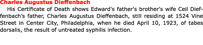 Charles Augustus Dieffenbach His ﻿﻿Certificate of Death shows Edward's father's brother's wife ﻿Ceil Dieffenbach’s fa...