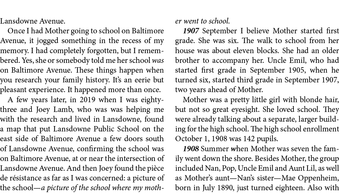Lansdowne Avenue. Once I had Mother going to school on ﻿﻿﻿Baltimore Avenue, it jogged something in the recess of my m...