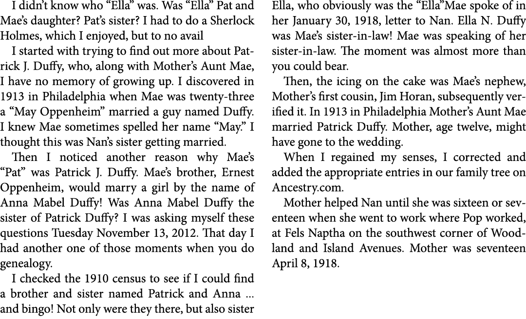 I didn’t know who “Ella” was. Was “Ella” Pat and Mae’s daughter? Pat’s sister? I had to do a ﻿Sherlock Holmes, which ...