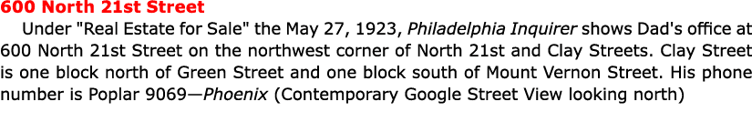 600 North 21st Street Under \“Real Estate for Sale\" the May 27, 1923, ﻿Philadelphia Inquirer shows Dad's office at 6...