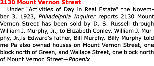 2130 ﻿Mount Vernon Street Under \“Activities of Day in Real Estate\" the November 3, 1923, ﻿Philadelphia Inquirer rep...