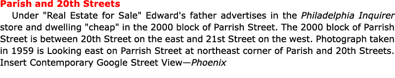 Parish and 20th Streets Under \“Real Estate for Sale\" Edward's father advertises in the ﻿Philadelphia Inquirer store...