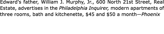 Edward's father, William J. Murphy, Jr., 600 North 21st Street, Real Estate, advertises in the ﻿Philadelphia Inquirer...