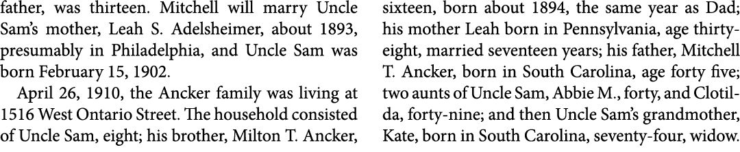 father, was thirteen. Mitchell will marry Uncle Sam’s mother, ﻿Leah S. Adelsheimer, about 1893, presumably in Philade...