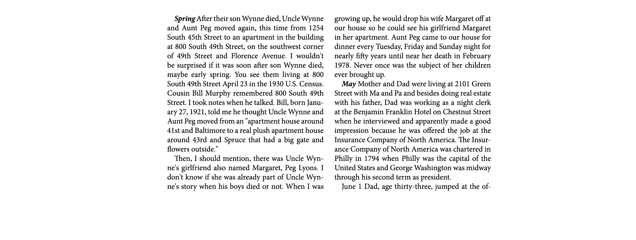 Spring￼ After their son Wynne died, Uncle Wynne and Aunt Peg moved again, this time from 1254 South 45th Street to an...