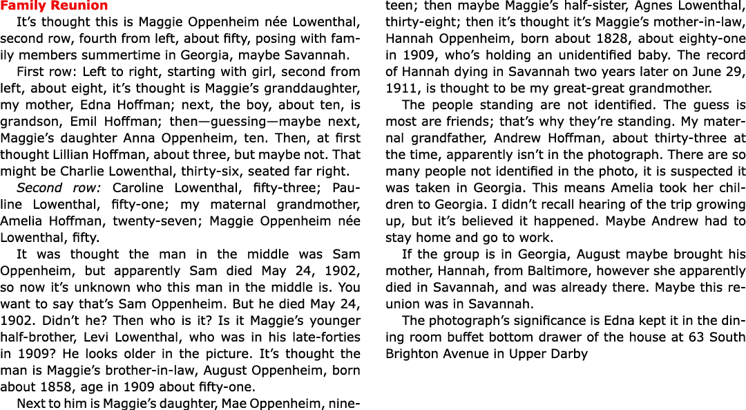 Family Reunion It’s thought this is ﻿Maggie Oppenheim n e Lowenthal, second row, fourth from left, about fifty, posin...