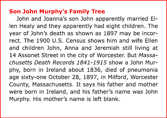 Son John Murphy’s Family Tree John and Joanna’s son John apparently married Ellen Healy and they apparently had eight...