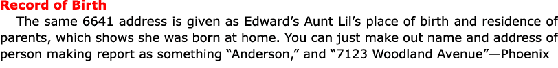 Record of Birth The same 6641 address is given as Edward’s Aunt Lil’s place of birth and residence of parents, which ...