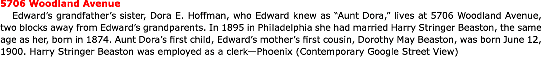 5706 ﻿Woodland Avenue Edward’s grandfather’s sister, ﻿Dora E. Hoffman, who Edward knew as “Aunt Dora,” lives at 5706 ...