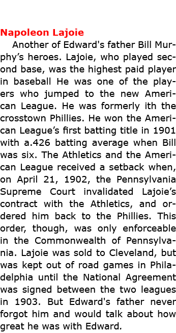 Napoleon Lajoie Another of Edward's father Bill Murphy’s heroes. Lajoie, who played second base, was the highest pai...