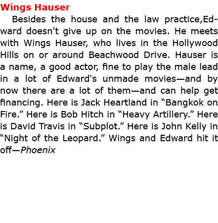 Wings Hauser Besides the house and the law practice,Edward doesn't give up on the movies. He meets with ﻿Wings Hause...