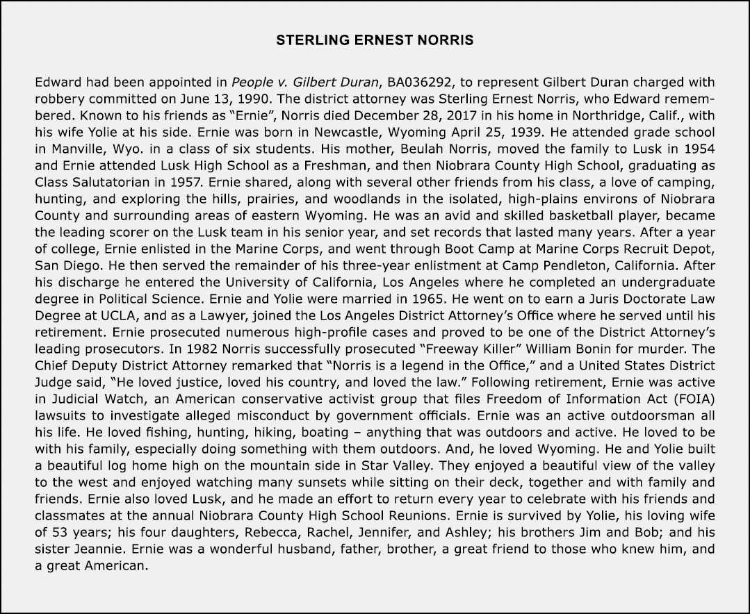 Sterling Ernest Norris Edward had been appointed in People v. Gilbert Duran, BA036292, to represent Gilbert Duran cha...