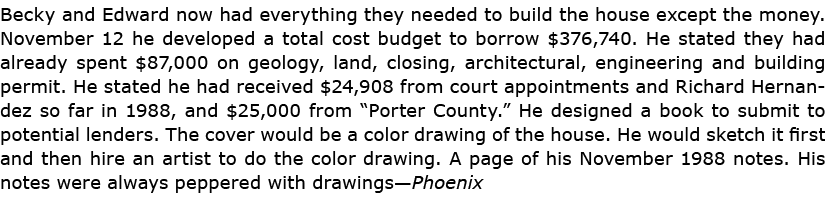 Becky and Edward now had everything they needed to build the house except the money. November 12 he developed a total...