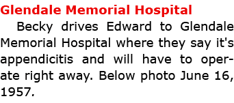 Glendale Memorial Hospital ﻿Becky drives Edward to Glendale Memorial Hospital where they say it's appendicitis and wi...