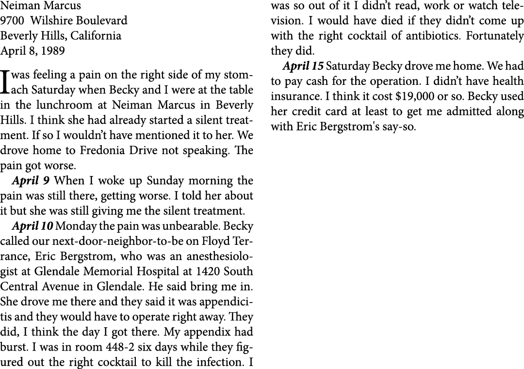 Neiman Marcus 9700 Wilshire Boulevard ﻿Beverly Hills, California April 8, 1989 I was feeling a pain on the right side...