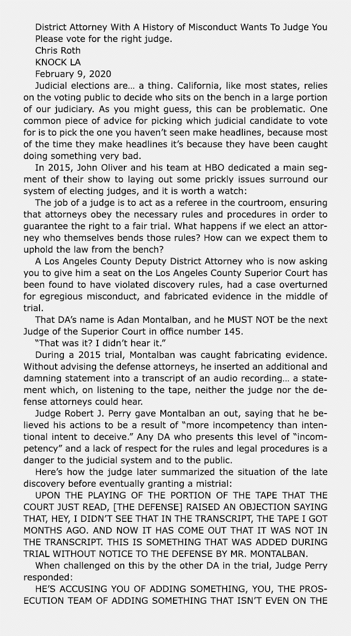 District Attorney With A History of Misconduct Wants To Judge You Please vote for the right judge. Chris Roth KNOCK L...
