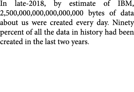 In late-2018, by es­ti­mate of IBM, 2,500,000,000,000,000,000 bytes of data about us were cre­ated every day. Ninety ...